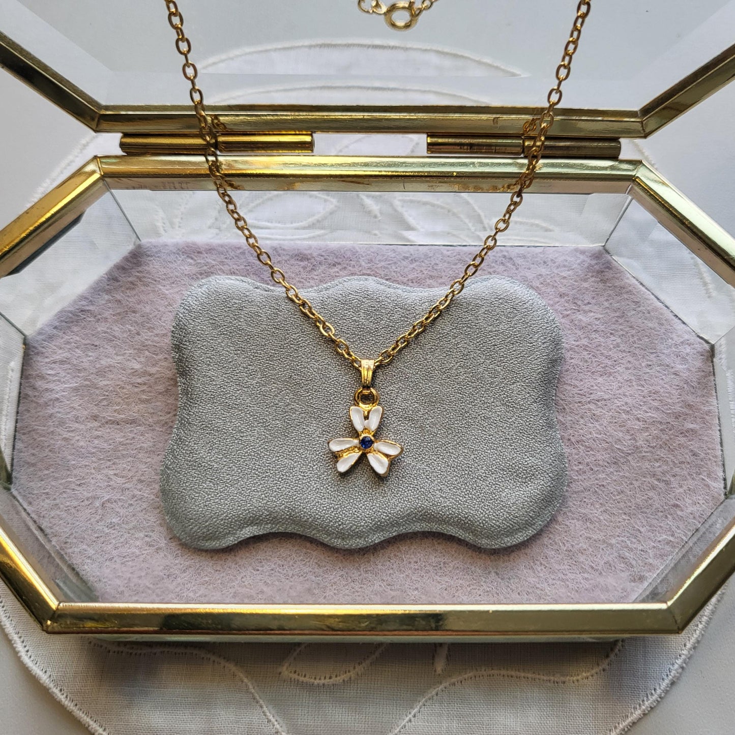 Necklace - White Enamel Blue Crystal Flower Pendant Necklace