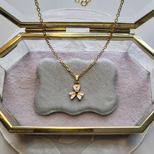 Necklace - White Enamel Blue Crystal Flower Pendant Necklace