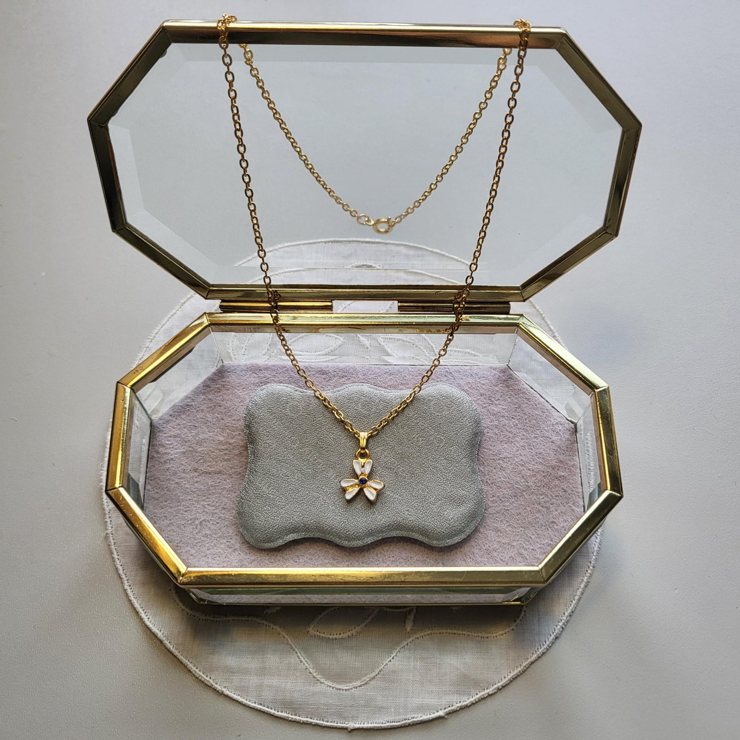 Necklace - White Enamel Blue Crystal Flower Pendant Necklace