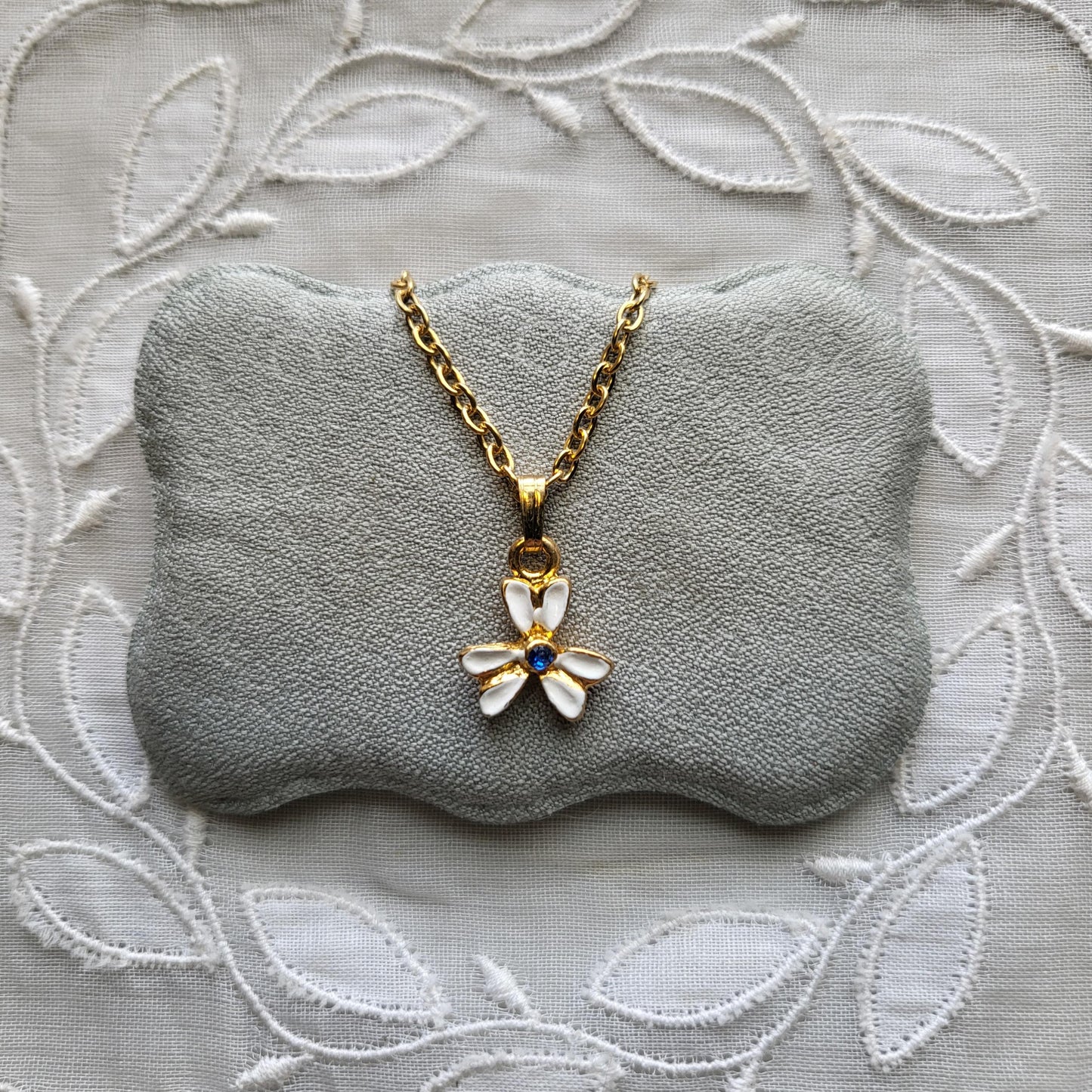 Necklace - White Enamel Blue Crystal Flower Pendant Necklace