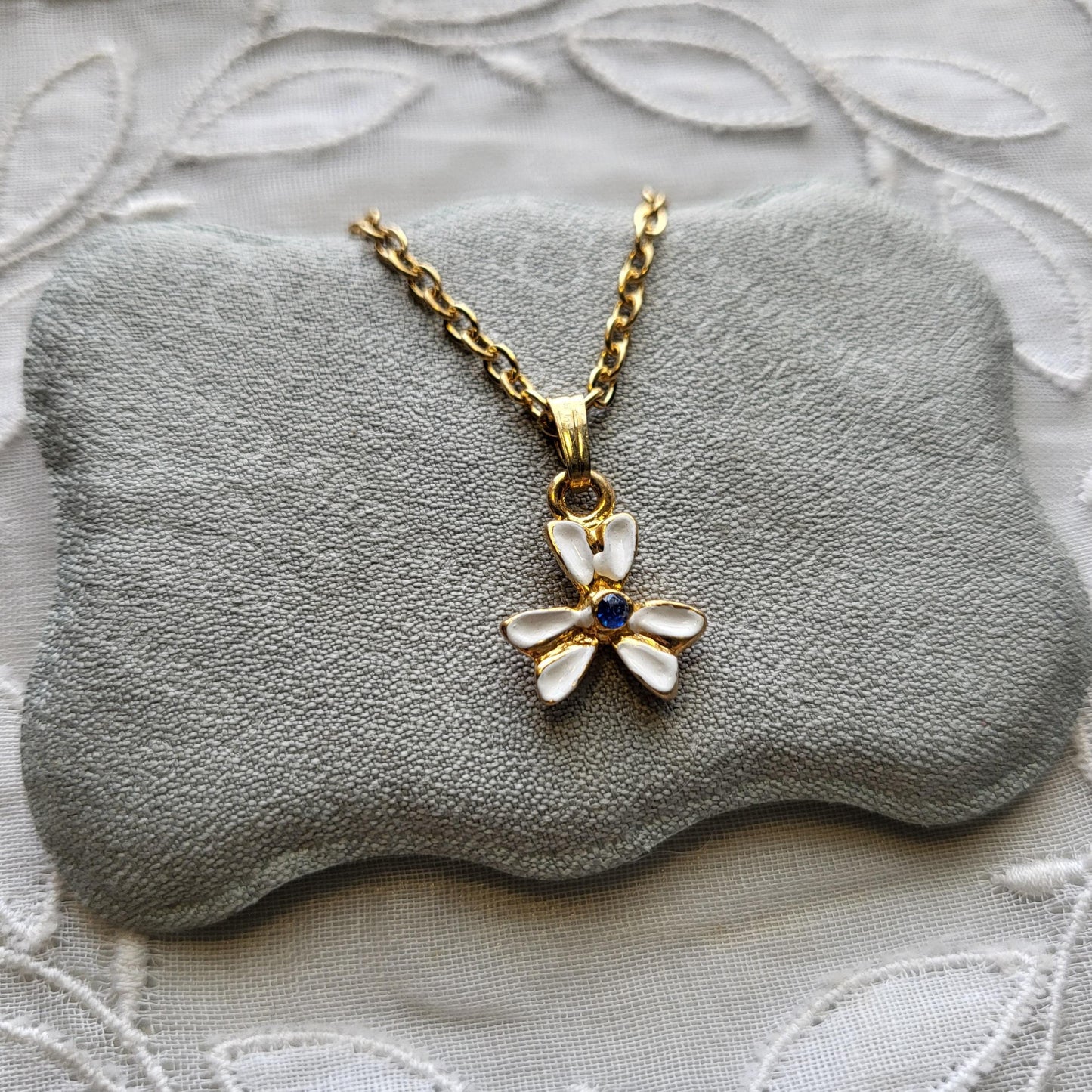 Necklace - White Enamel Blue Crystal Flower Pendant Necklace