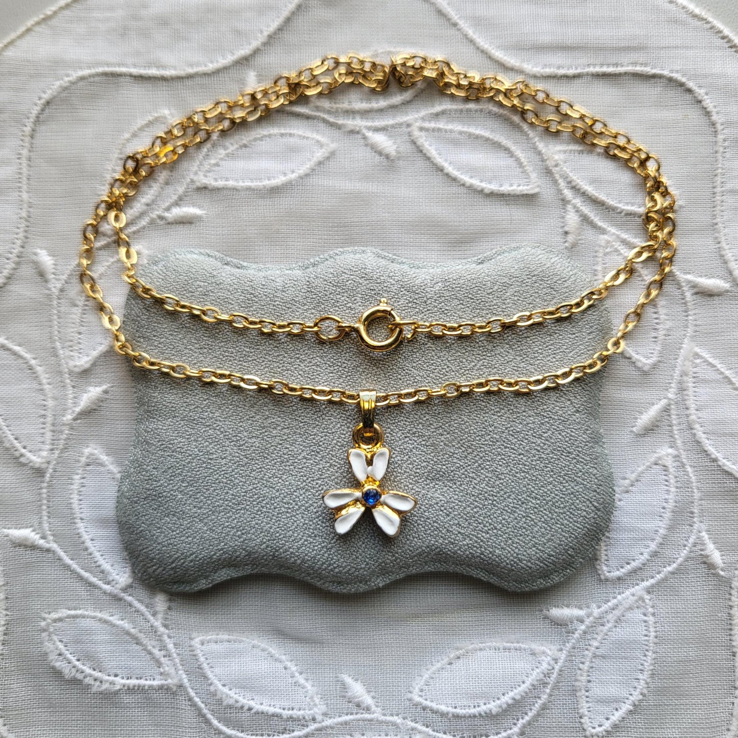 Necklace - White Enamel Blue Crystal Flower Pendant Necklace