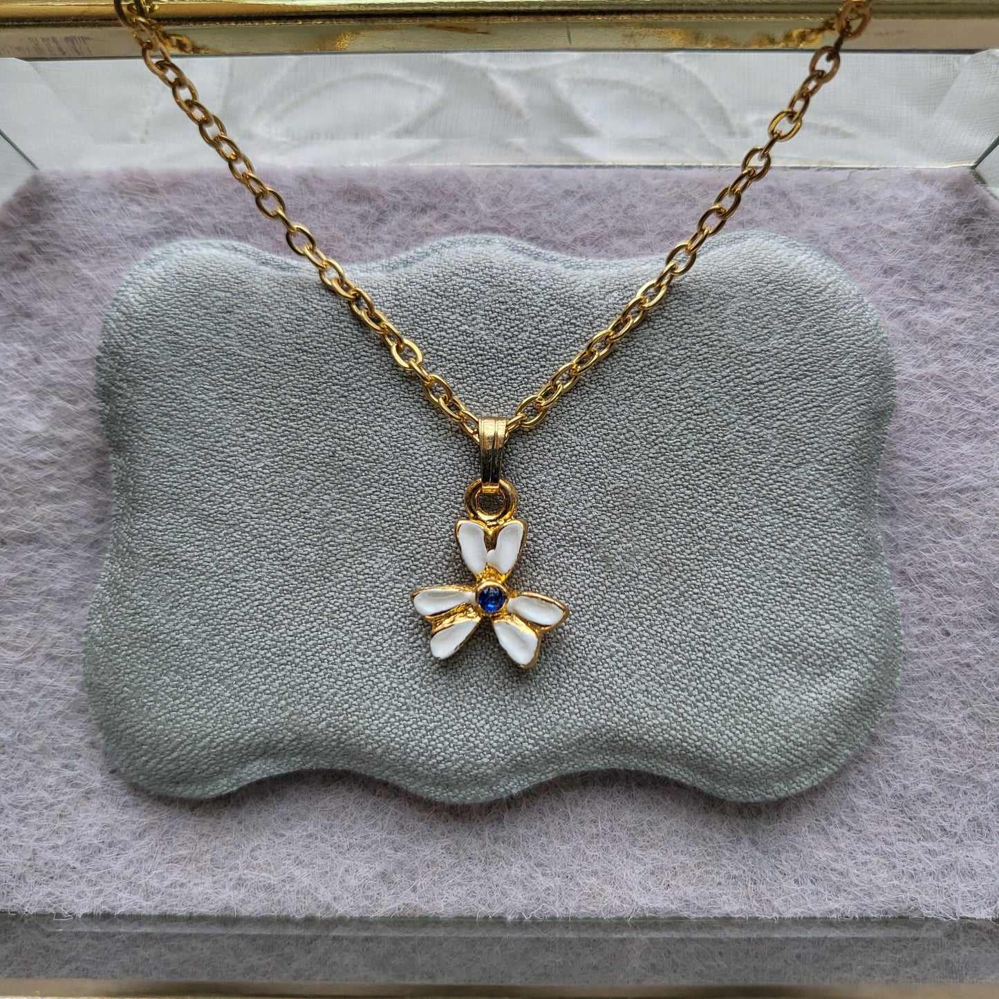 Necklace - White Enamel Blue Crystal Flower Pendant Necklace