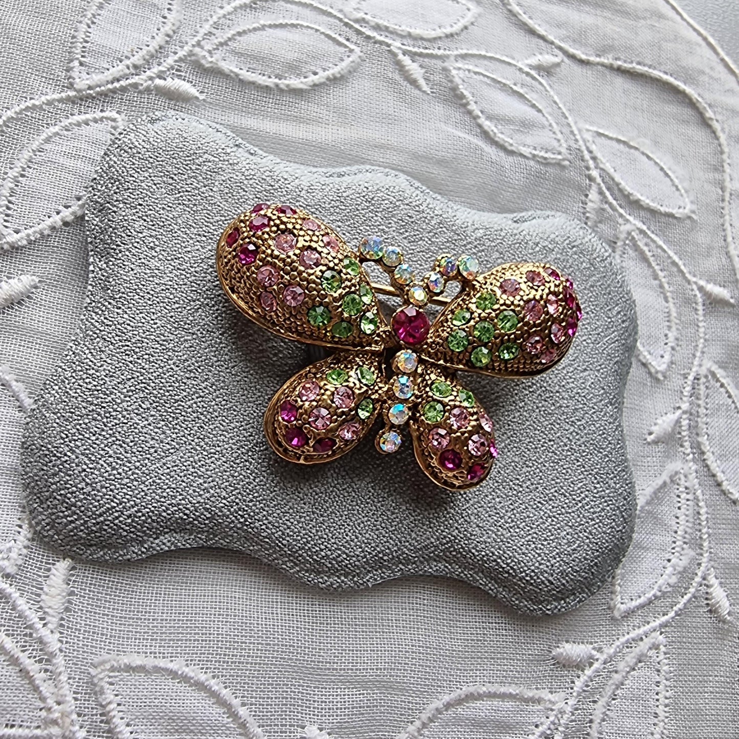 Brooch - Pink and Green Crystals Butterfly Brooch