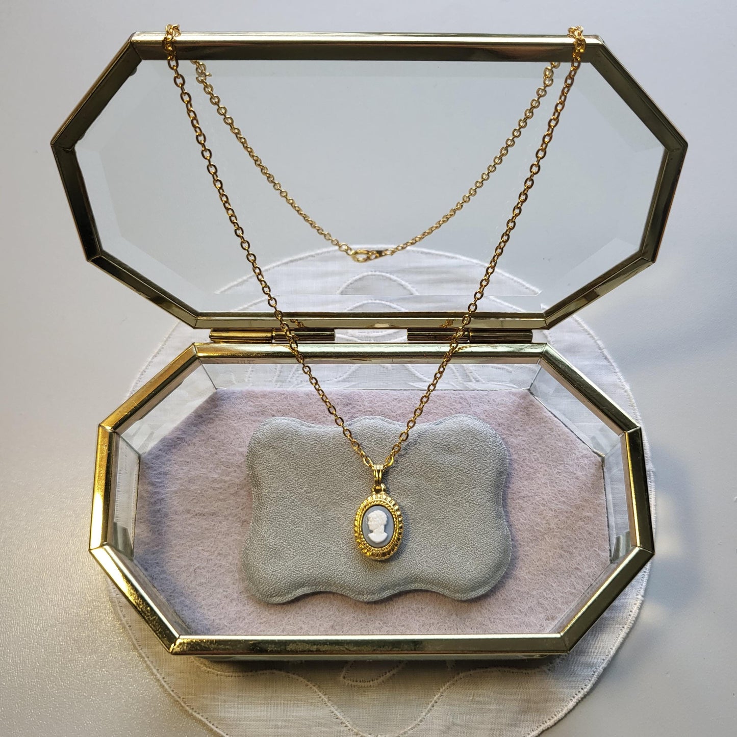 Necklace - Light Blue and White Cameo Pendant Necklace