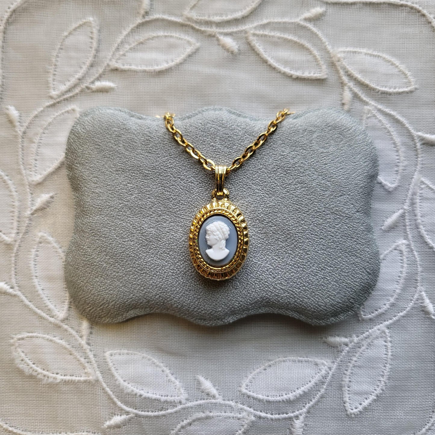 Necklace - Light Blue and White Cameo Pendant Necklace