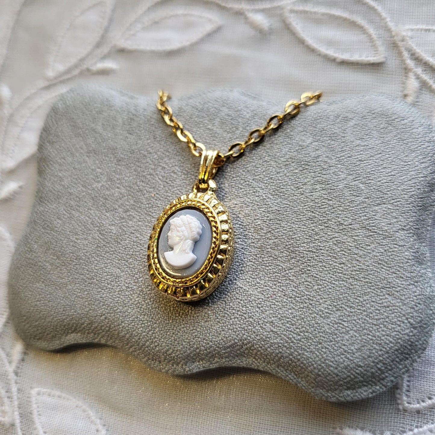 Necklace - Light Blue and White Cameo Pendant Necklace