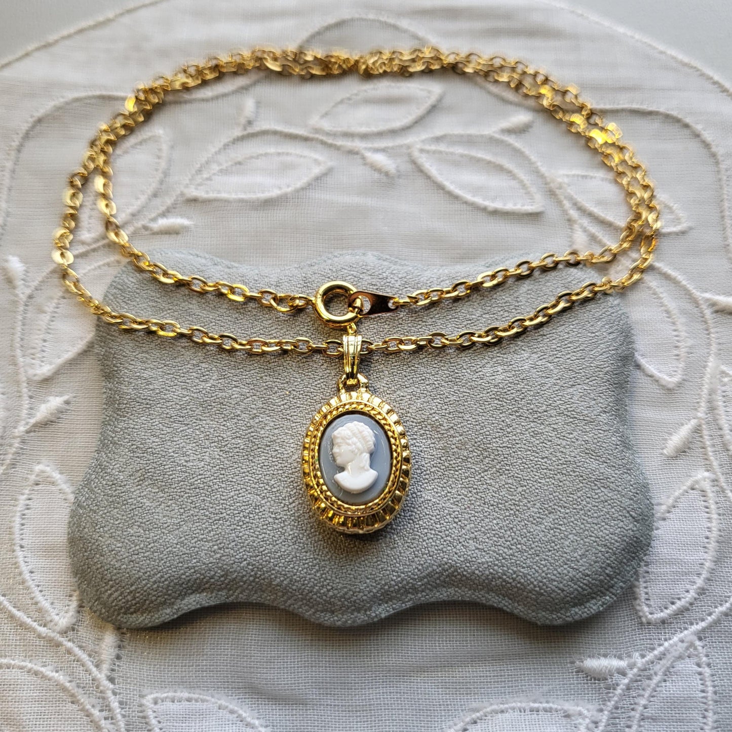Necklace - Light Blue and White Cameo Pendant Necklace