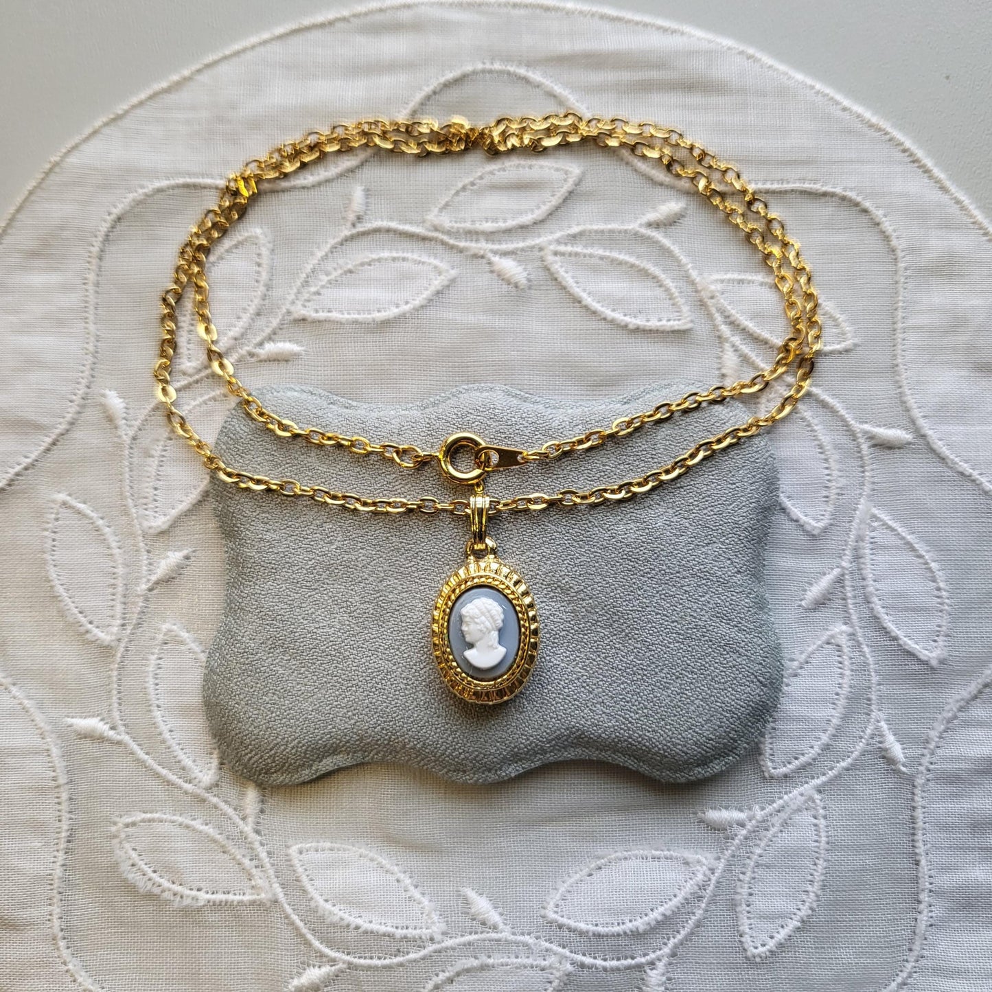 Necklace - Light Blue and White Cameo Pendant Necklace