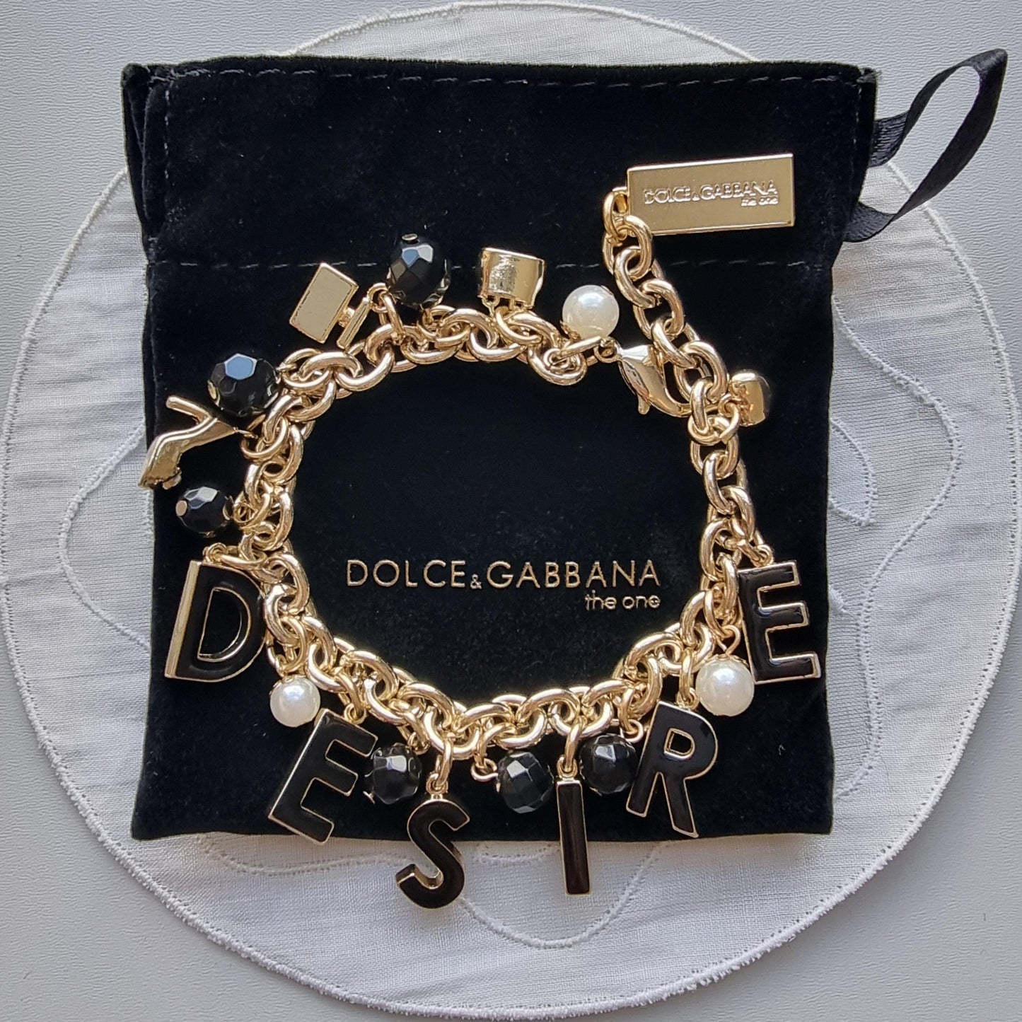 Bracelet - Dolce and Gabanna Desire Black Enamel and Pearls Charm Bracelet