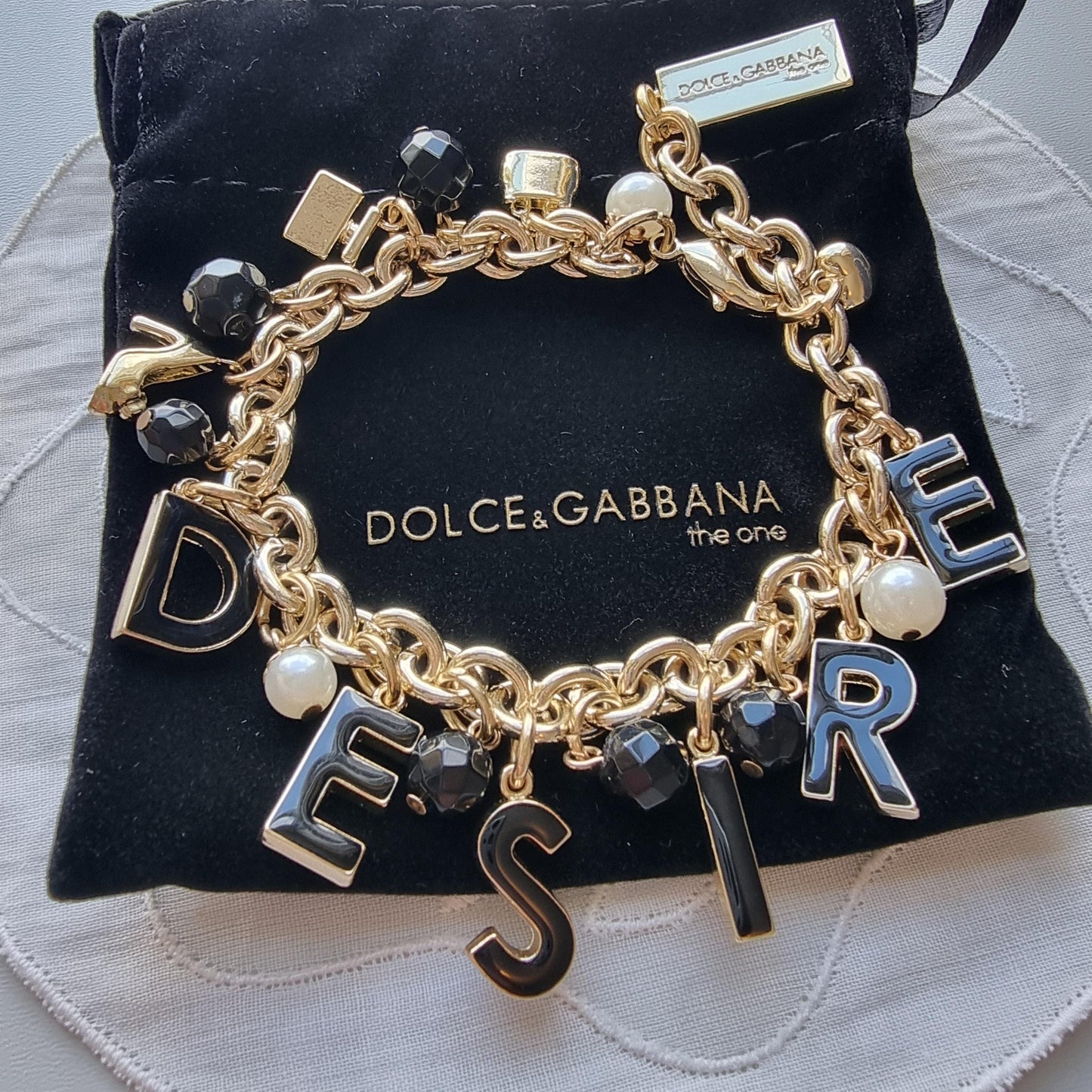 Bracelet - Dolce and Gabanna Desire Black Enamel and Pearls Charm Bracelet