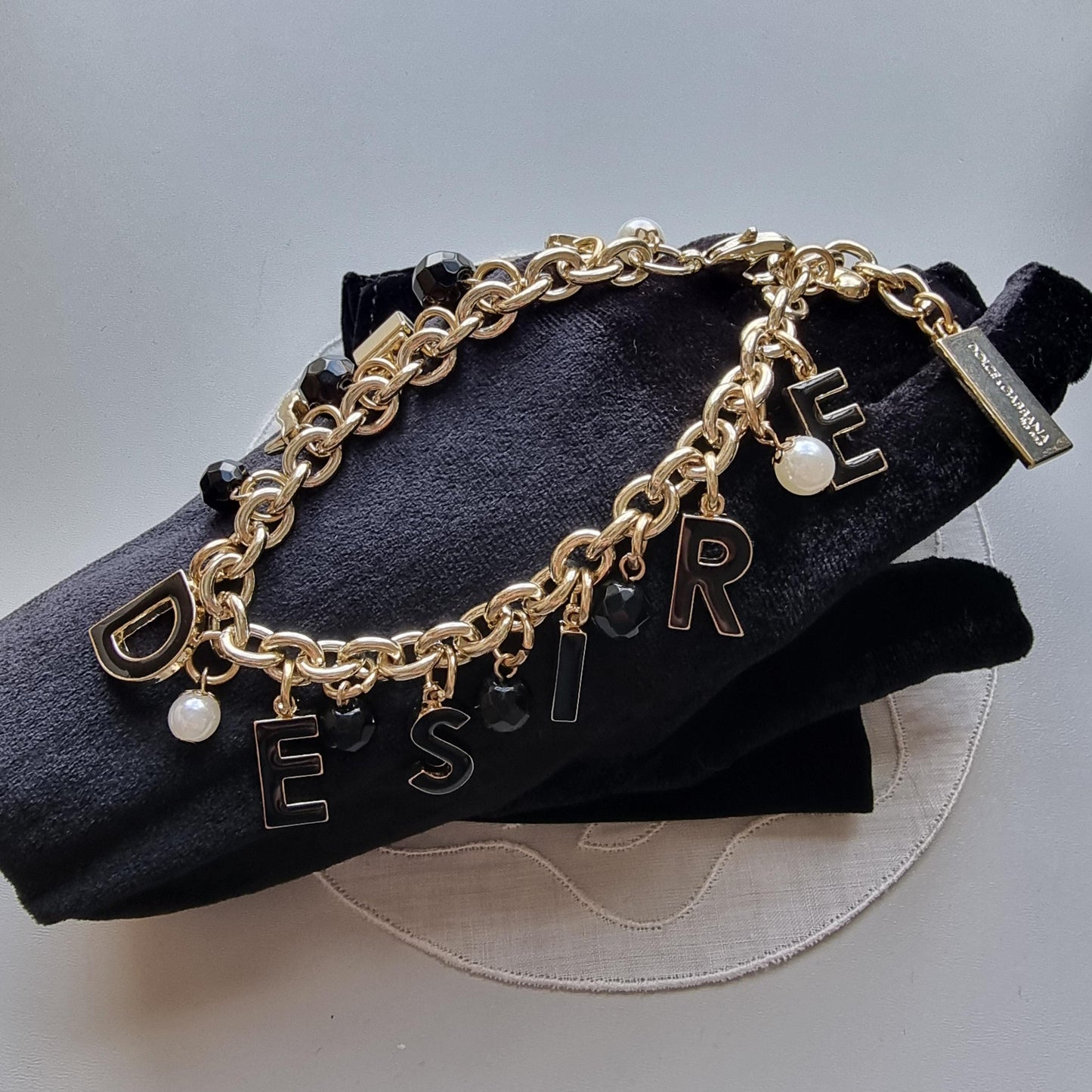 Bracelet - Dolce and Gabanna Desire Black Enamel and Pearls Charm Bracelet