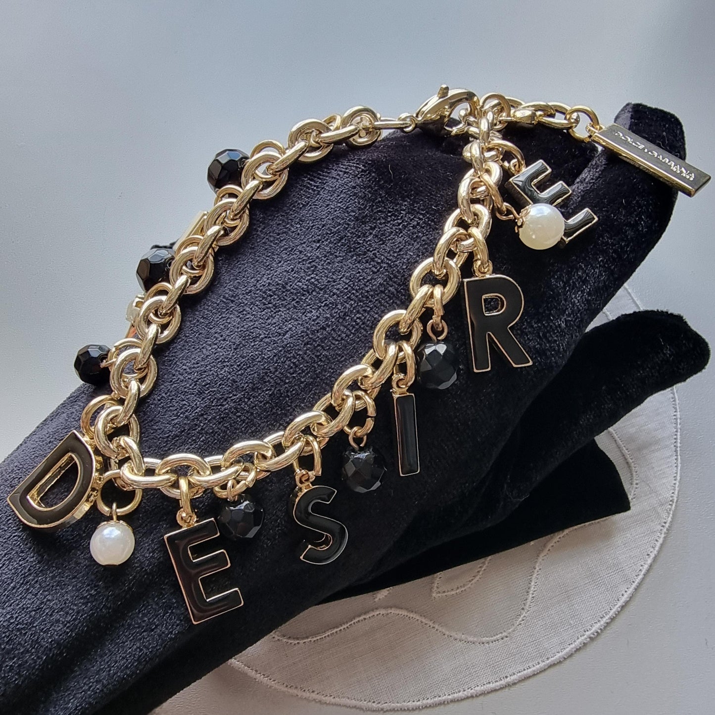 Bracelet - Dolce and Gabanna Desire Black Enamel and Pearls Charm Bracelet