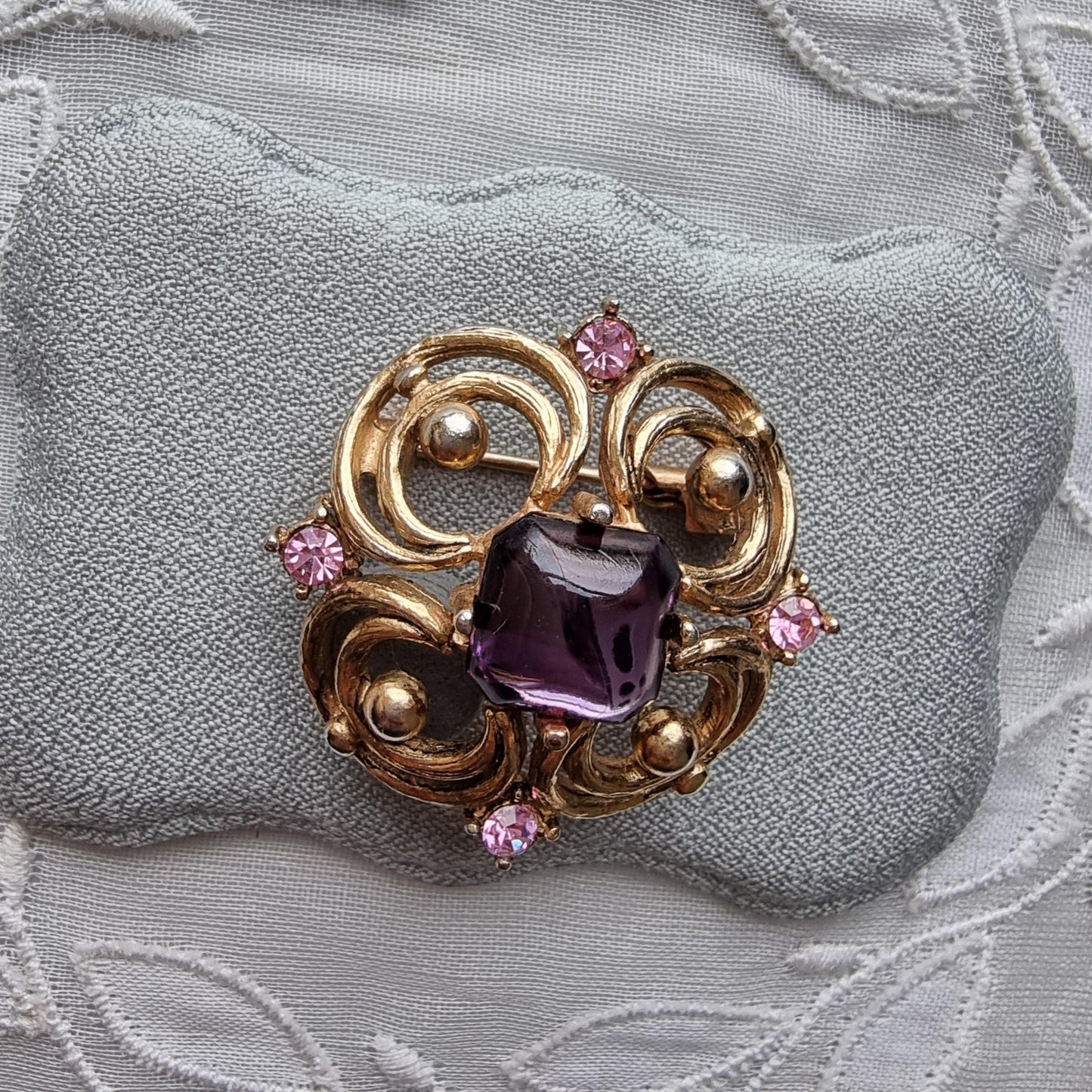 Brooch - Ornate Purple and Pink Crystals Brooch