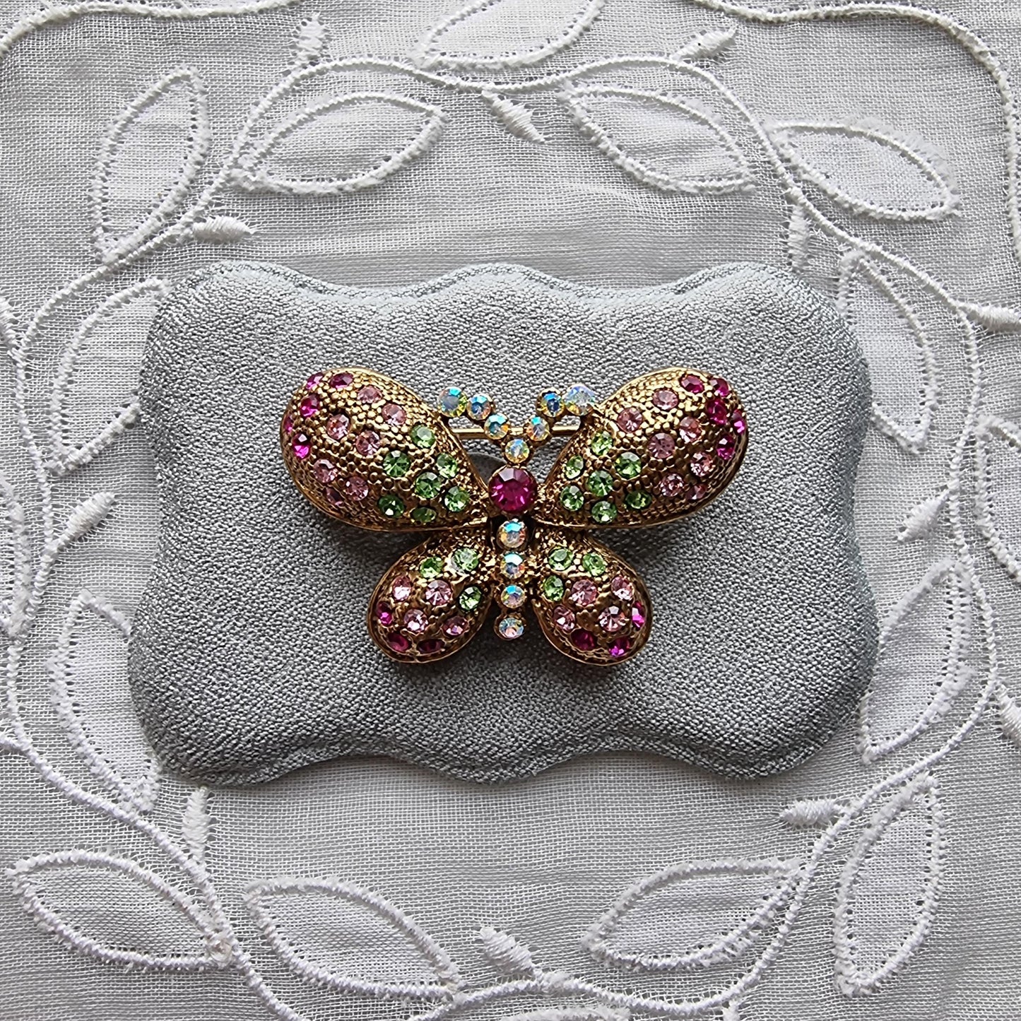Brooch - Pink and Green Crystals Butterfly Brooch