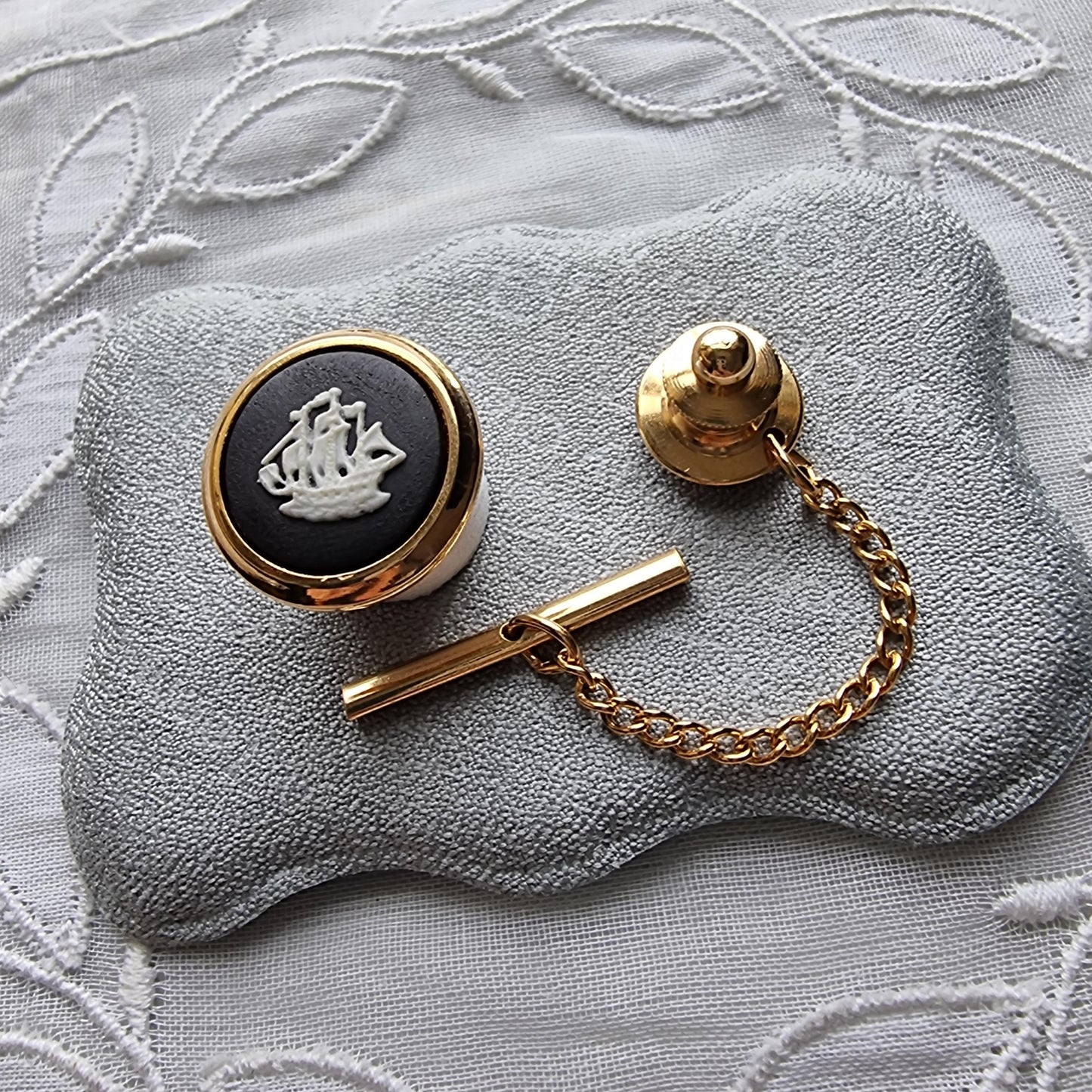 Tie Pin - Wedgwood Black Jasperware Sailing Ship Tie Pin
