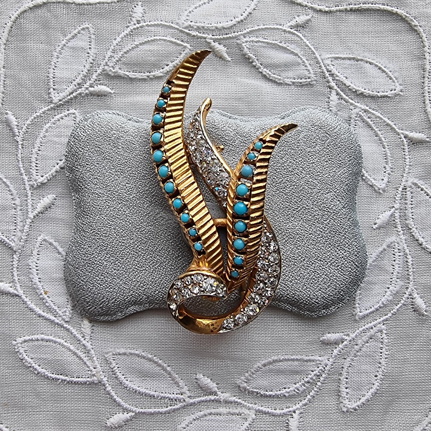 Brooch - Pearl Turquoise and Crystal Flower Brooch