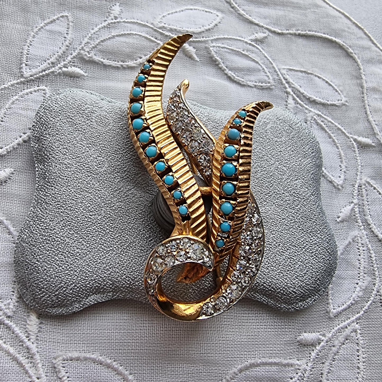 Brooch - Pearl Turquoise and Crystal Flower Brooch