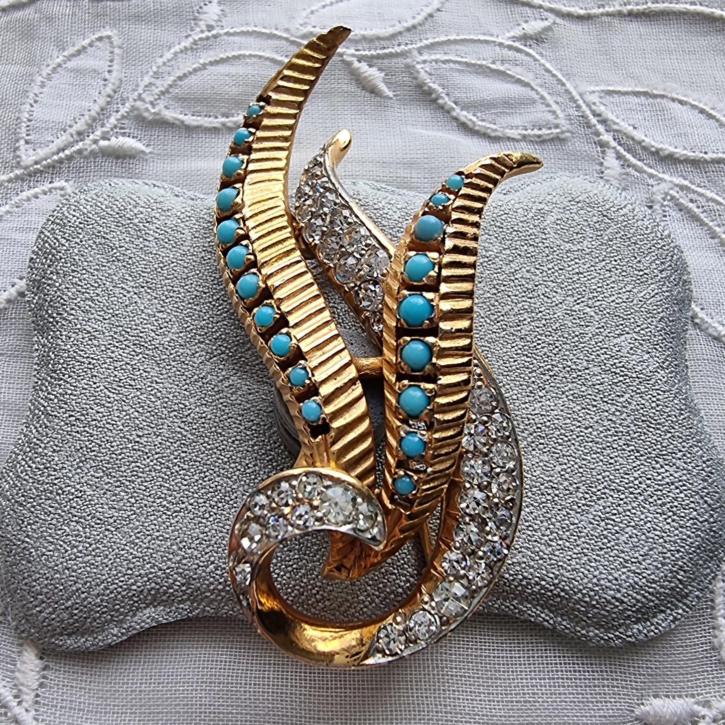 Brooch - Pearl Turquoise and Crystal Flower Brooch