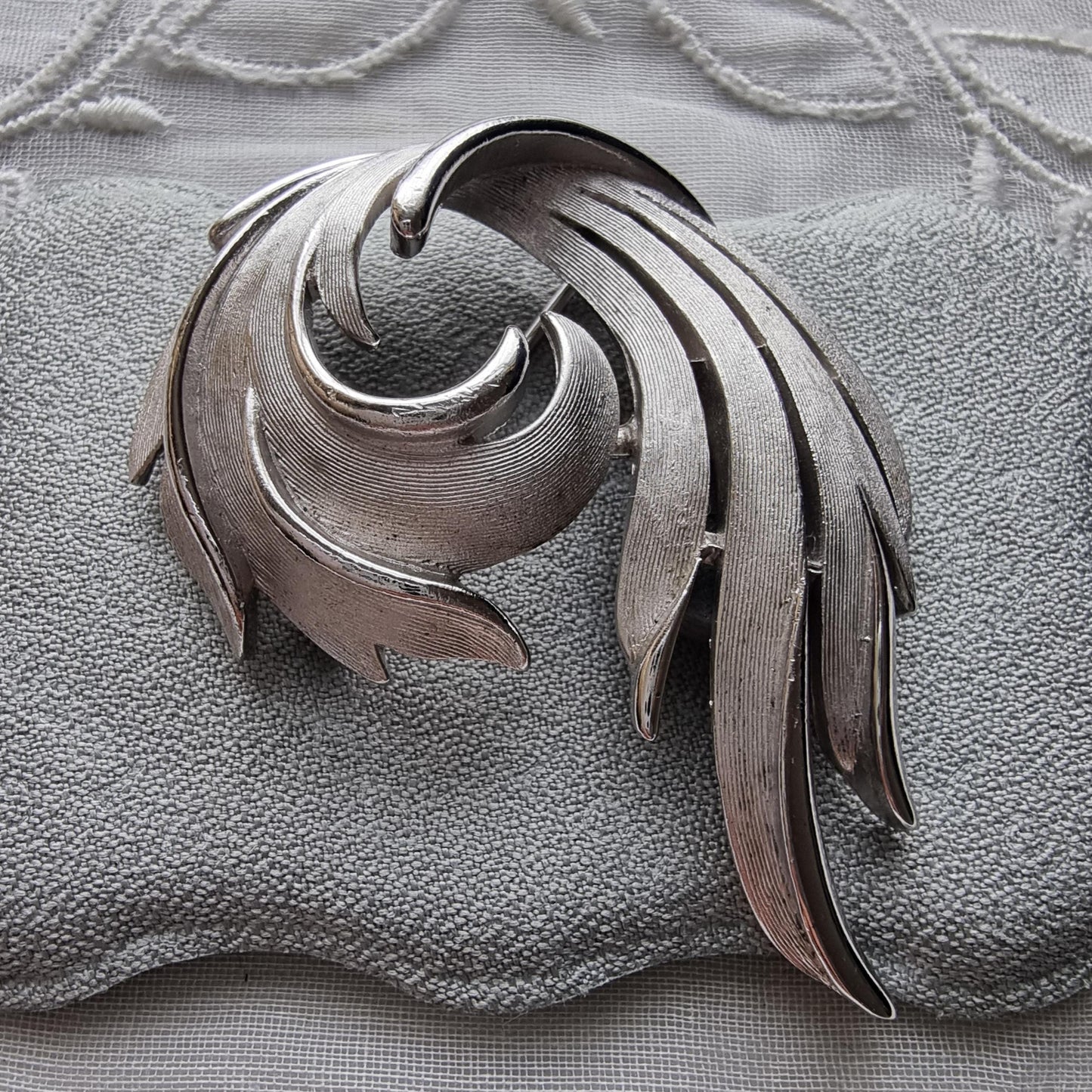 Brooch - Trifari Textured Silver Tone Swirl Brooch