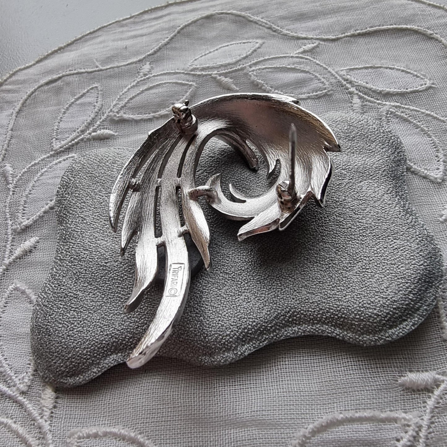 Brooch - Trifari Textured Silver Tone Swirl Brooch