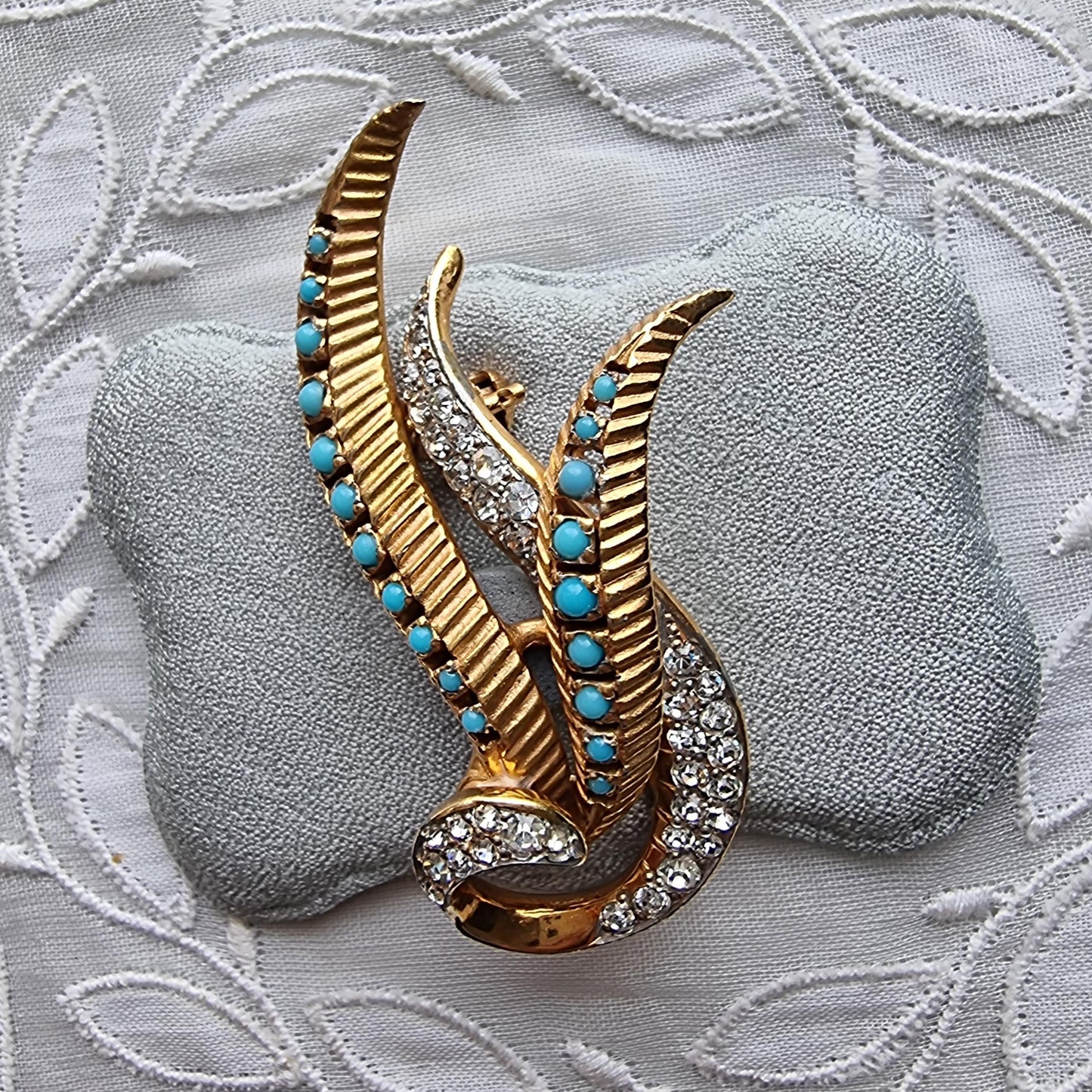 Brooch - Pearl Turquoise and Crystal Flower Brooch