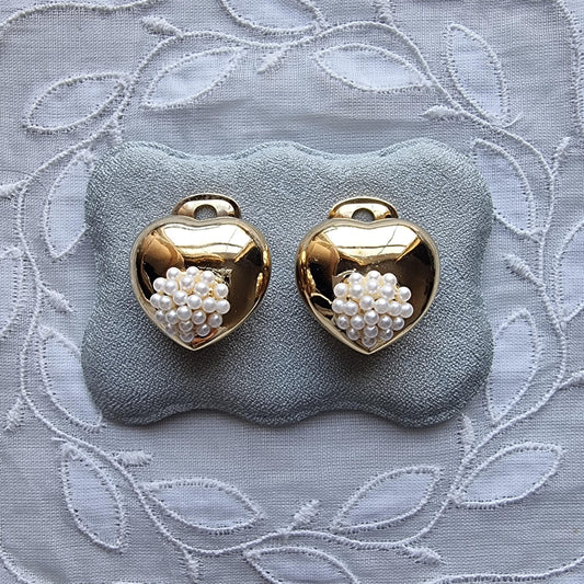 Clip on - Seed Pearl Cluster Heart Clip on Earrings