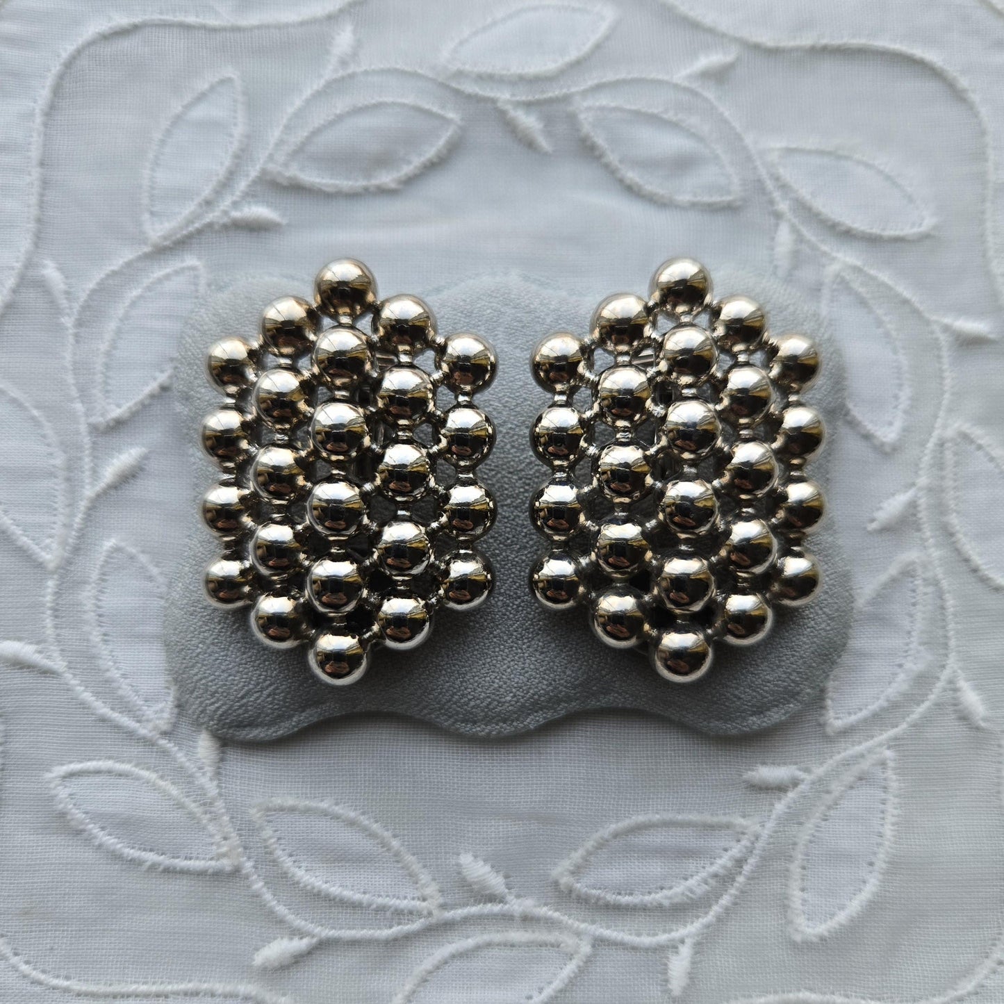 Clip on - Silver Tone Beads Beehive Clip On Earrings