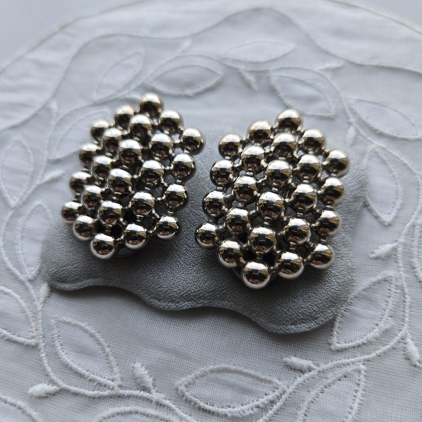Clip on - Silver Tone Beads Beehive Clip On Earrings