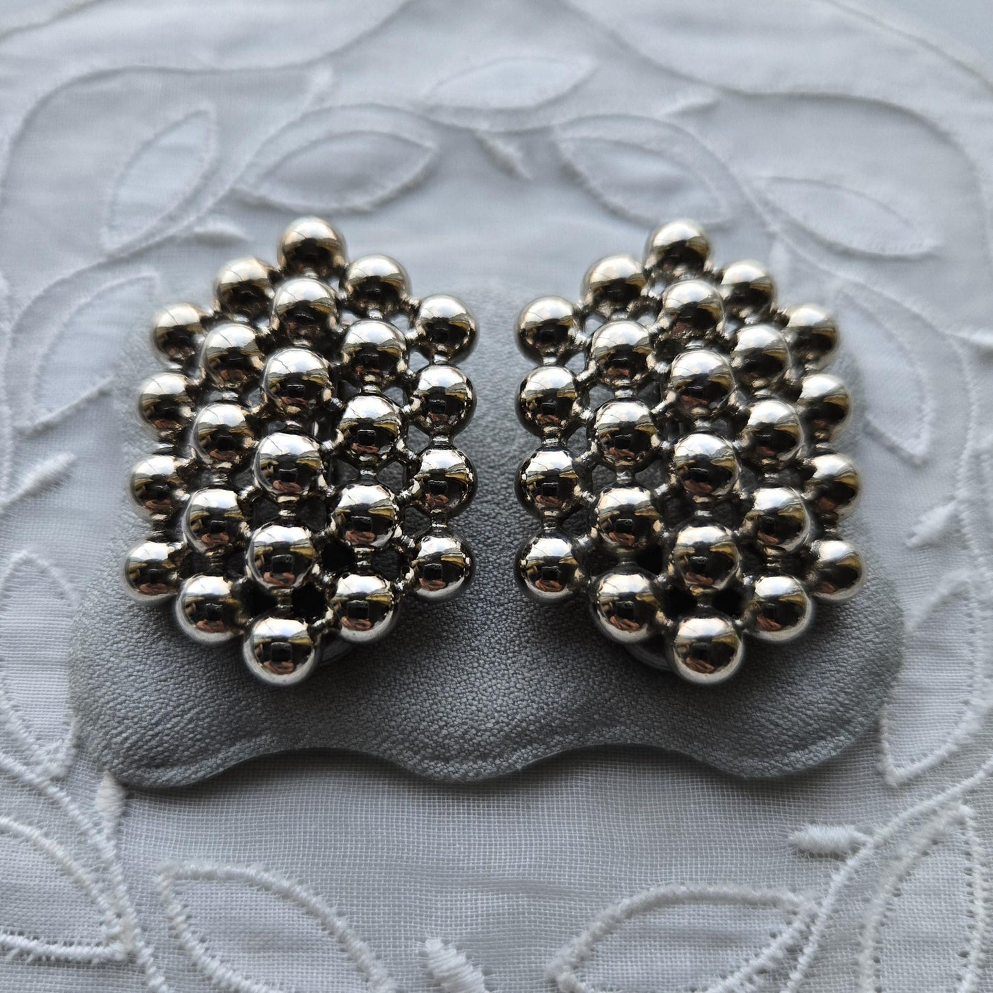 Clip on - Silver Tone Beads Beehive Clip On Earrings