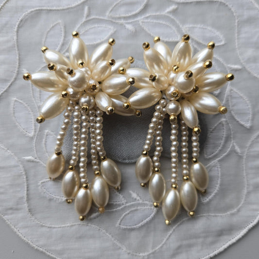 Clip on - Faux Pearl Flower Statement Clip on Earrings