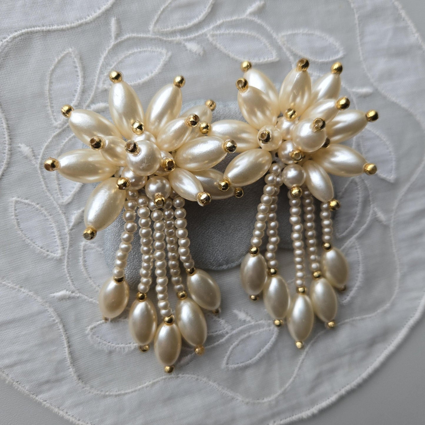 Clip on - Faux Pearl Flower Statement Clip on Earrings