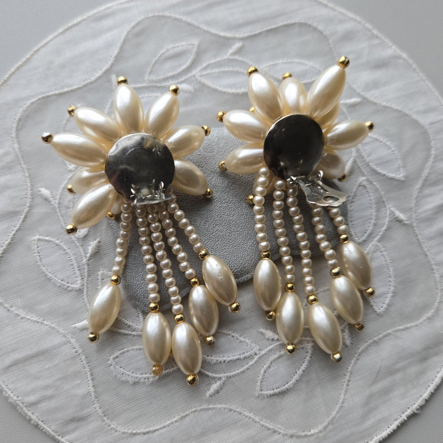 Clip on - Faux Pearl Flower Statement Clip on Earrings
