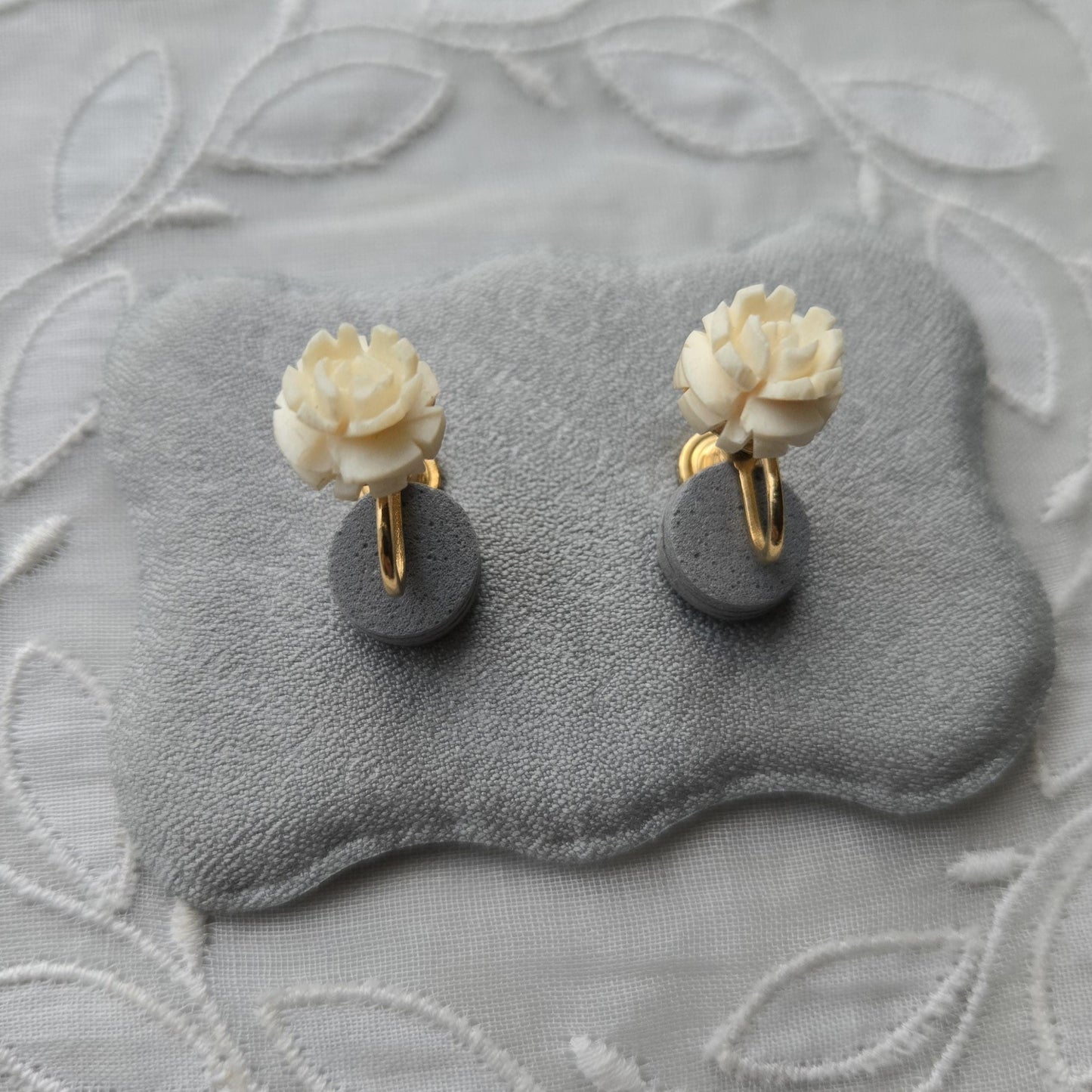 Clip on - Carved Bone White Rose Clip On Earrings