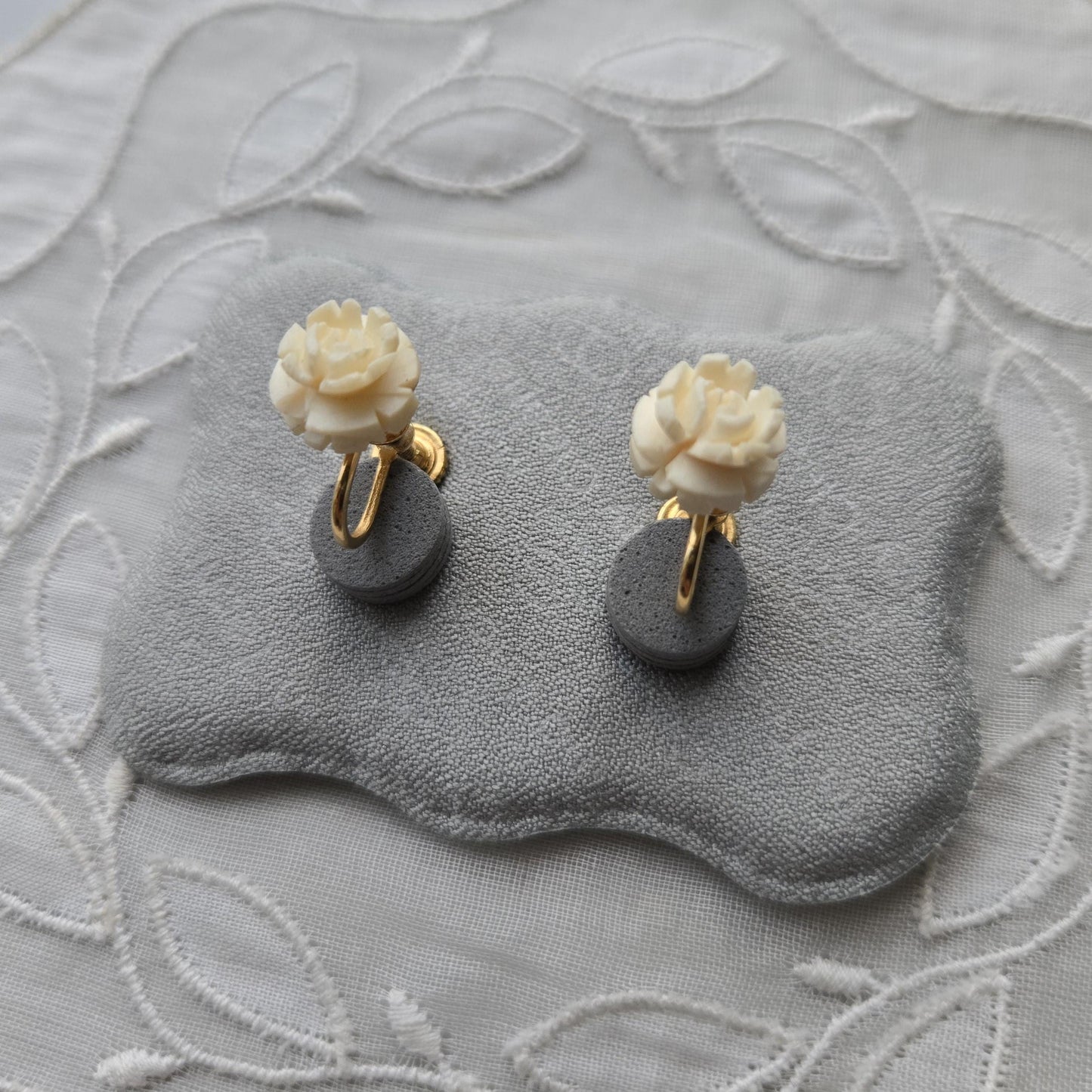 Clip on - Carved Bone White Rose Clip On Earrings