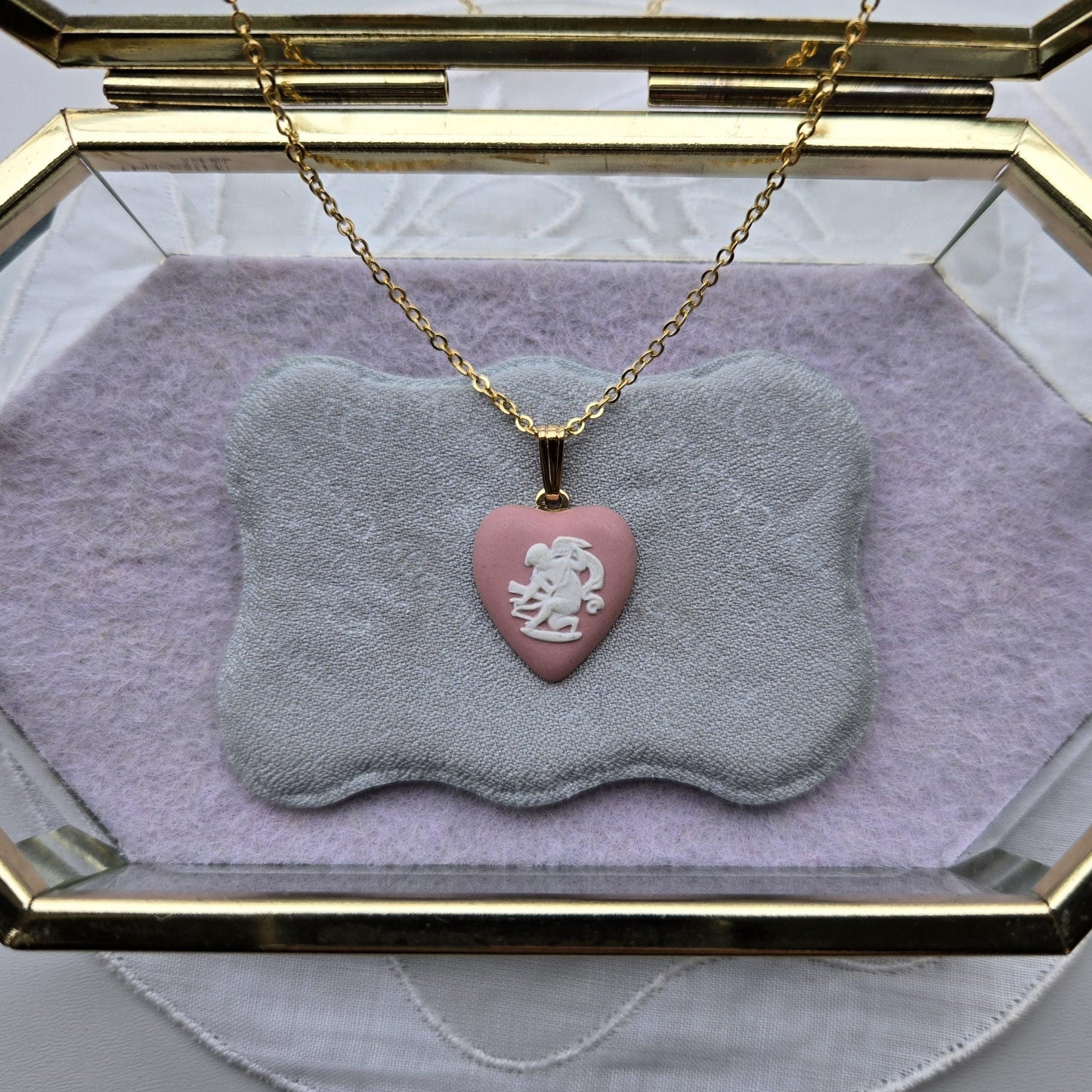 Necklace - Wedgwood Pink Heart Cherub Jasperware Pendant Necklace