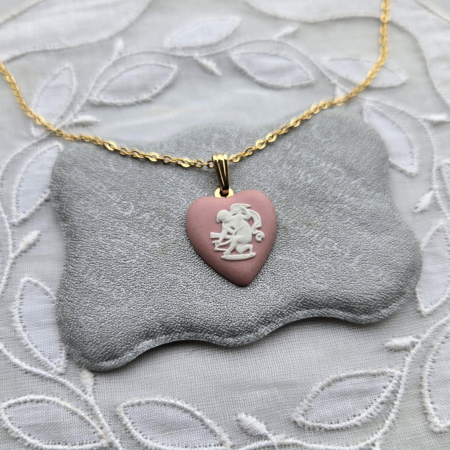 Necklace - Wedgwood Pink Heart Cherub Jasperware Pendant Necklace