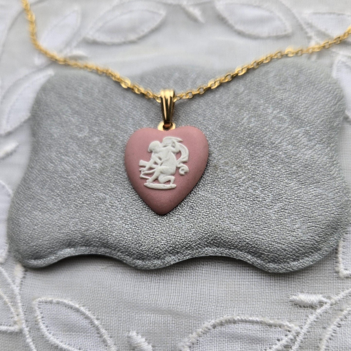 Necklace - Wedgwood Pink Heart Cherub Jasperware Pendant Necklace