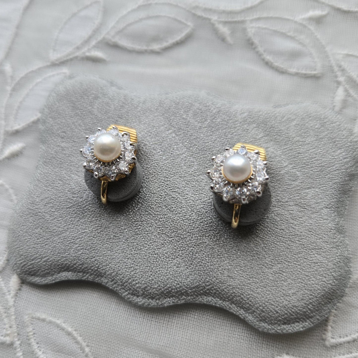 Clip on - Small Pearl and Crystals Flower Clip on Earrings