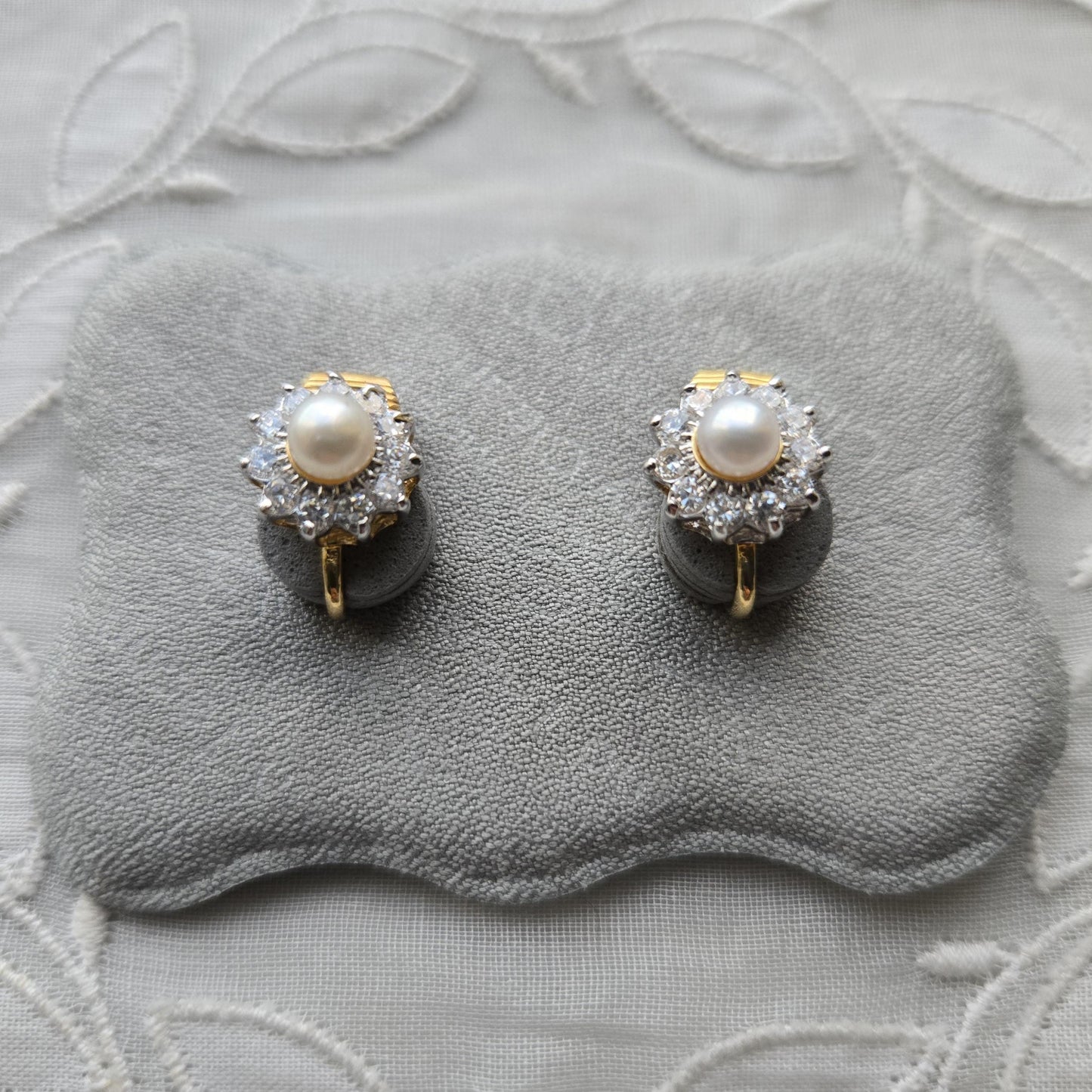 Clip on - Small Pearl and Crystals Flower Clip on Earrings