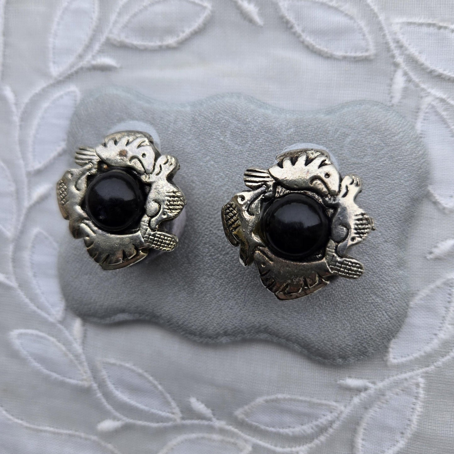 Posts - Silver Tone Black Cabochon Fish Earrings