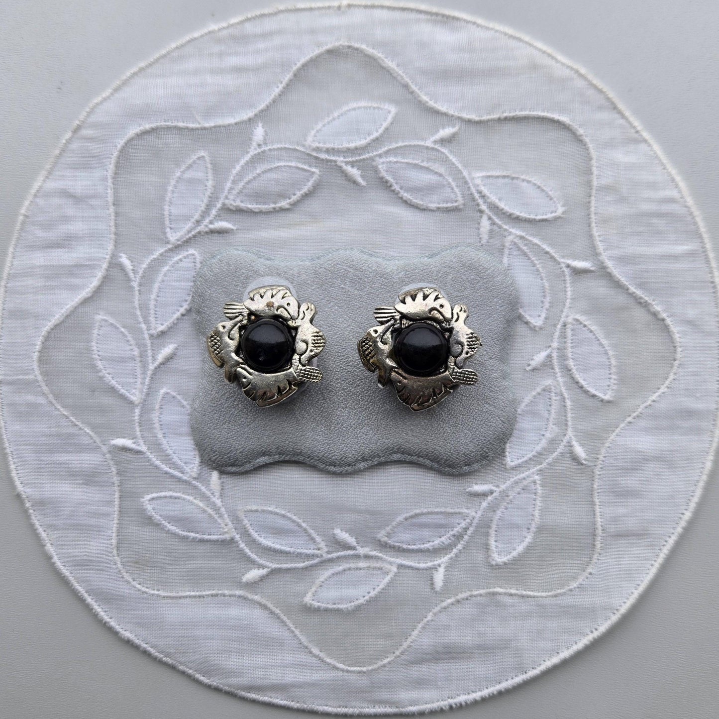 Posts - Silver Tone Black Cabochon Fish Earrings