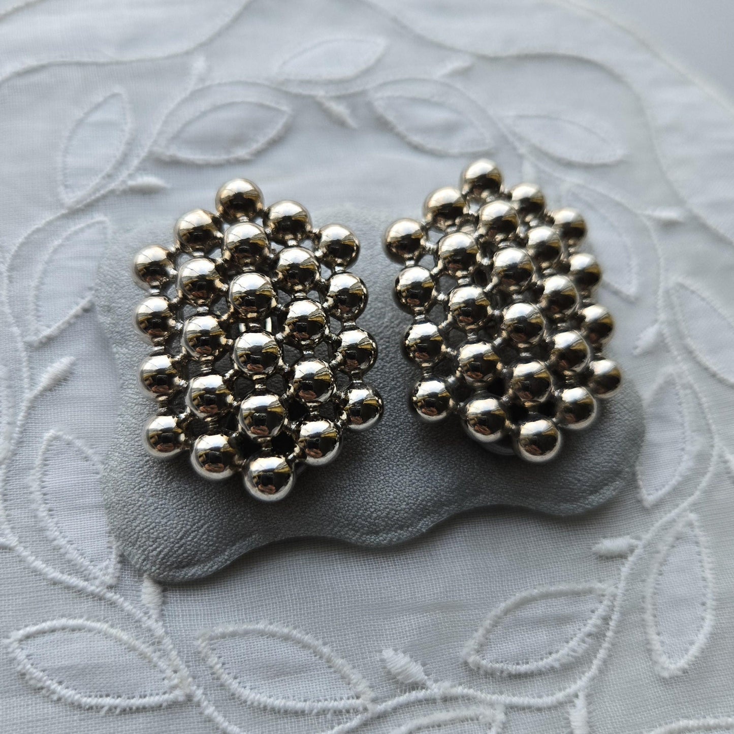 Clip on - Silver Tone Beads Beehive Clip On Earrings