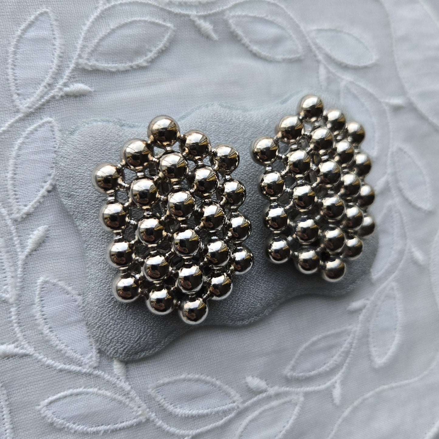 Clip on - Silver Tone Beads Beehive Clip On Earrings