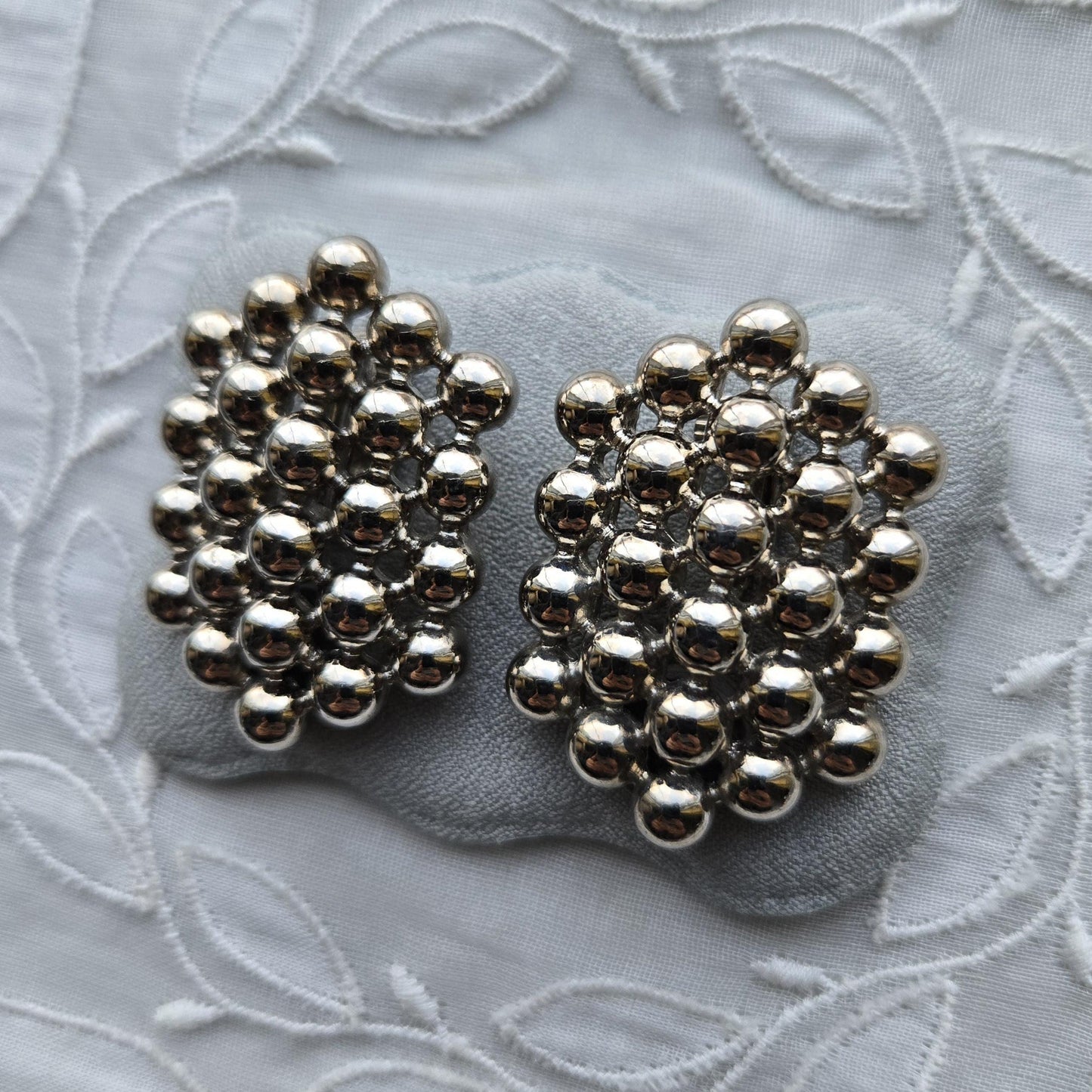 Clip on - Silver Tone Beads Beehive Clip On Earrings