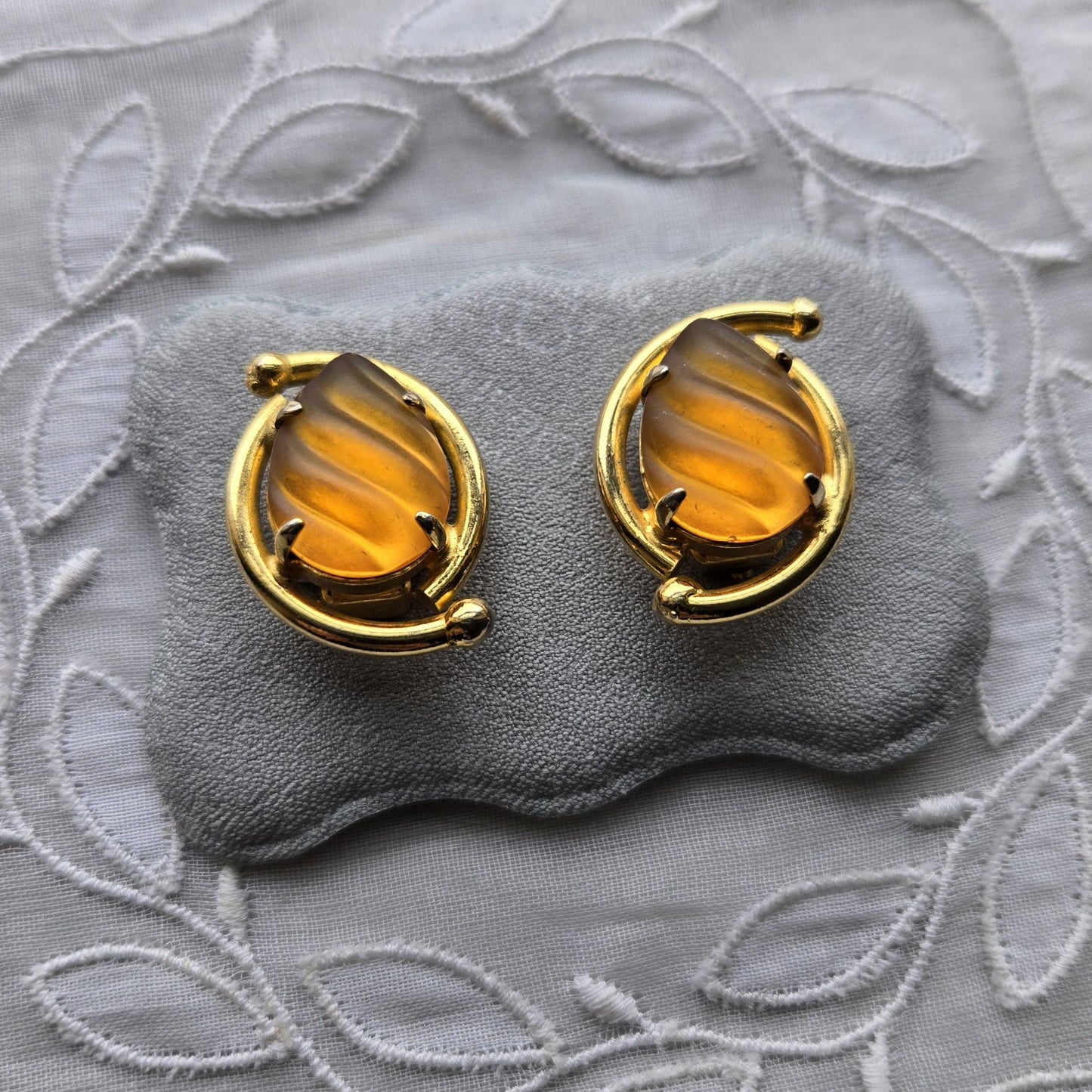 Clip on - Frosted Yellow Orange Cabochon Clip On Earrings