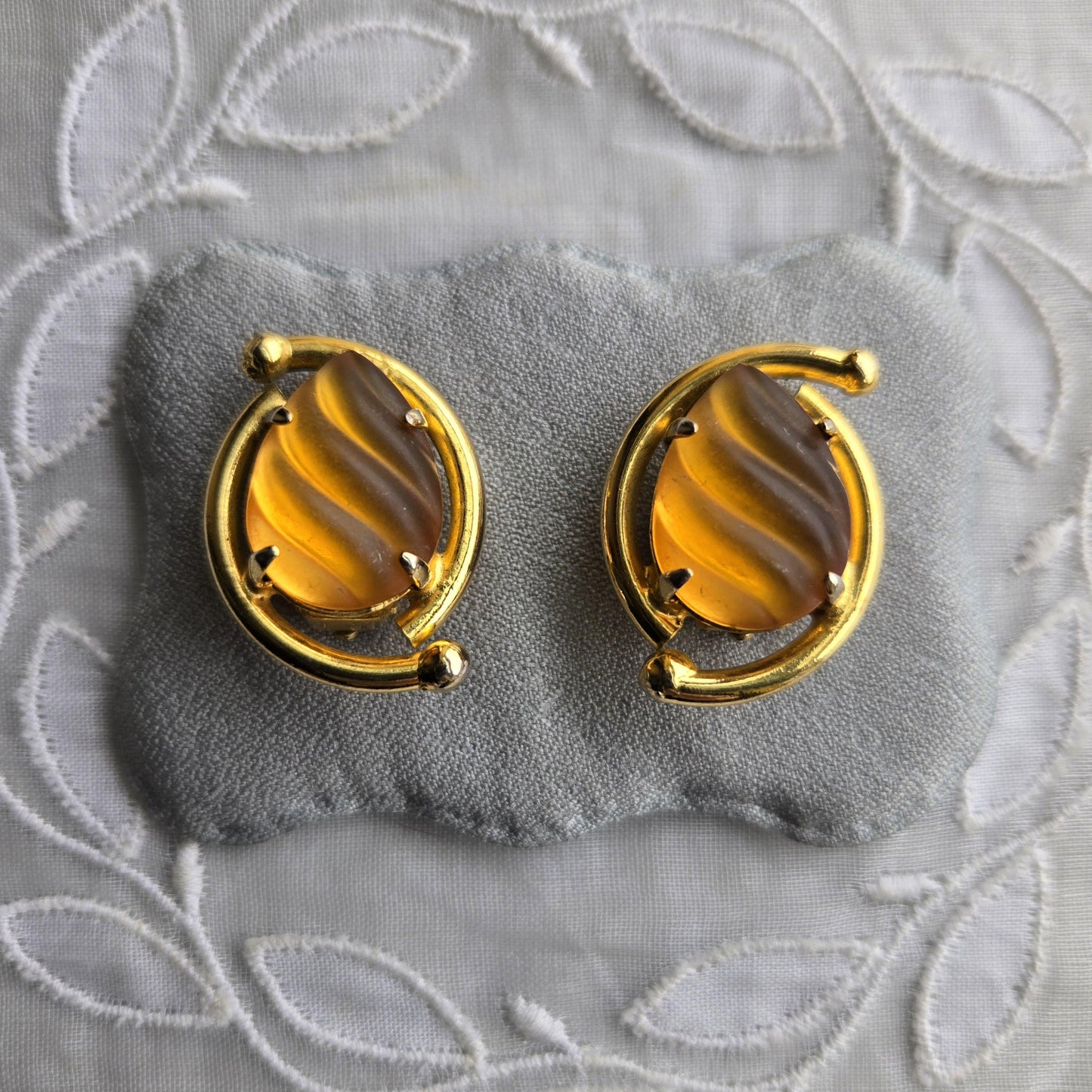 Clip on - Frosted Yellow Orange Cabochon Clip On Earrings
