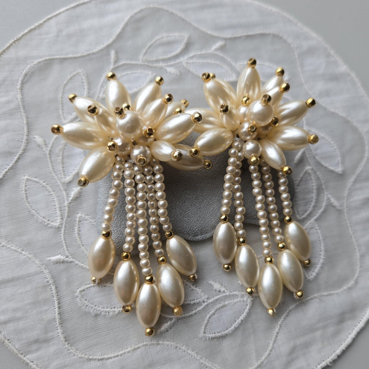 Clip on - Faux Pearl Flower Statement Clip on Earrings