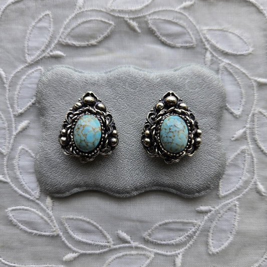 Clip on - Silver Tone Ornate Turquoise Clip on Earrings