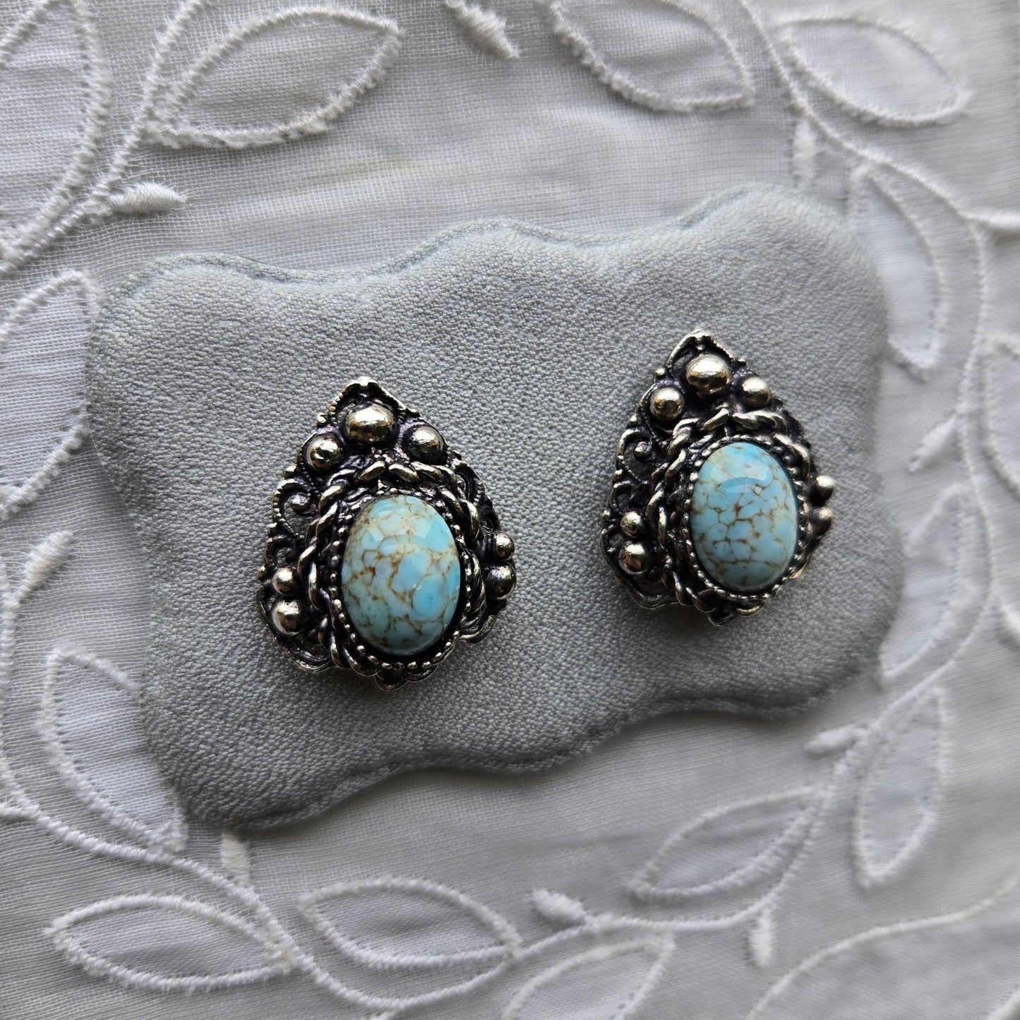 Clip on - Silver Tone Ornate Turquoise Clip on Earrings